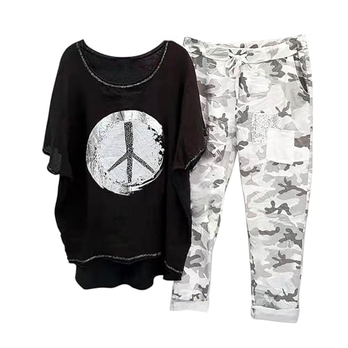 Zweiteiler Damen Festliches Outfit Sommer Elegant Zweiteiler Locker Rundhalsausschnitt Bluse Traingsanzug Camouflage Drucken Hose Sportanzug Strandhose Set Streetwear prime angebote von Generic