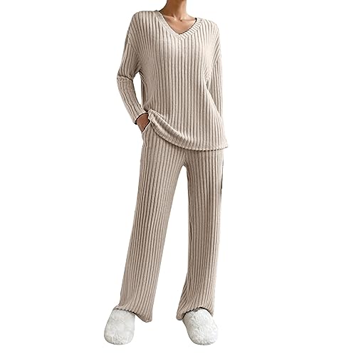 Zweiteiler Damen Langarm Gerippt Strick Hose Und Langarm T-Shirt Set Hosenanzug Strickanzug 2 Teiler Set Frühling Herbst Freizeitanzug von Generic
