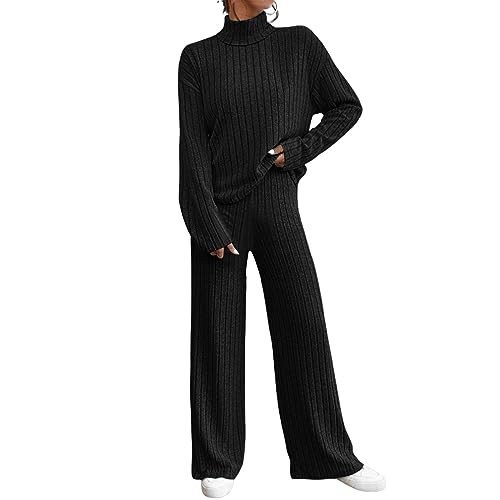 Zweiteiler Damen Langarm Gerippt Strick Hose Und Langarm T-Shirt Set Hosenanzug Strickanzug 2 Teiler Set Frühling Herbst Freizeitanzug von Generic