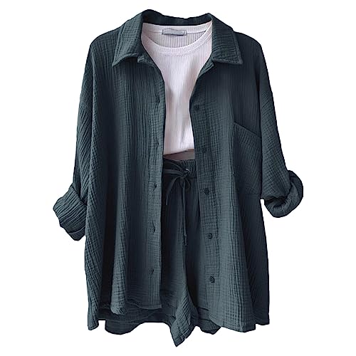 Zweiteiler Damen Outfit Sommer Langarm Musselin Blusenshirt und Shorts 2 Teiler Loungewear Baumwolle Lounge Set Strand Two Piece Sets Women Outfit von Generic