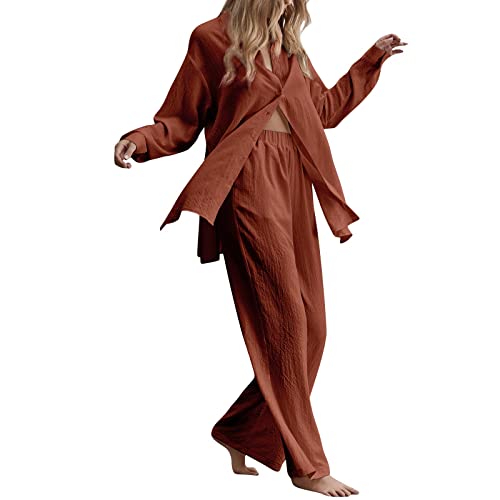 Zweiteiler Damen Plissee Outfit Kleidung Elegant Hosenanzug 2 Teiler Set Weite Hose + Button Down Langarmshirt Loungewear Streatwear Anzug von Generic