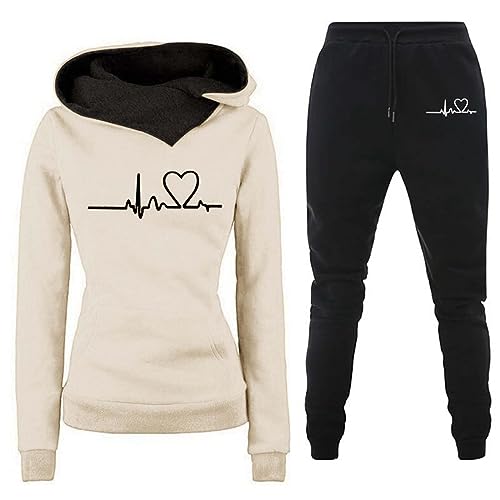 Zweiteiler Damen Set Heartbeat Print Hoodie Sweatshirt Trainingsanzug Hoodie Damen Set Damen Jogginganzüge Hoodie Jogginghose 2-Teilig von Generic