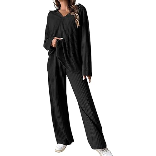 Zweiteiler Damen Sommer Hose Lang Und Top | Damen Hausanzug 2-Teilig Elegant | Elegant Outfit Hosenanzug 2 Teiler Set Weite Hose Langarmshirt Loungewear Streatwear Anzug Baumwolle Hausanzug von Generic