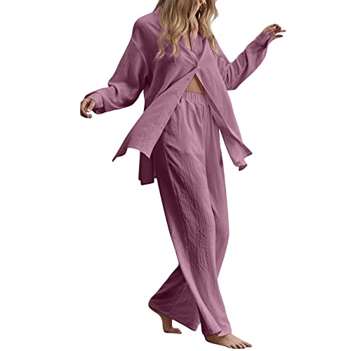 Zweiteiler Damen Sommer Leinen Set Elegant Hosenanzug Leinenanzug Button Down Langarmshirt Loungewear Set + High Waist Freizeithose Weite Hose Outfit Casual Streatwear (Violett, S) von Generic