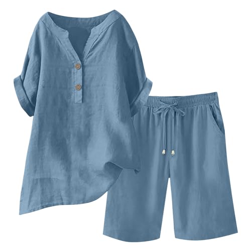 Zweiteiler Damen Sommer Musselin Bluse Und Shorts Langarm Freizeitanzug Baumwolle Leinen Y2K Sportanzug Summer Musselin Bluse Set Outfit Leinen Hemd Shorts Einfarbig Lounge Set Strand Y2K Clothes von Generic