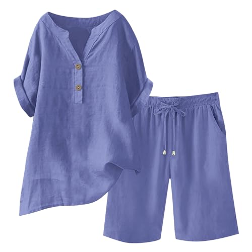 Zweiteiler Damen Sommer Musselin Bluse Und Shorts Langarm Freizeitanzug Baumwolle Leinen Y2K Sportanzug Summer Musselin Bluse Set Outfit Leinen Hemd Shorts Einfarbig Lounge Set Strand Y2K Clothes von Generic