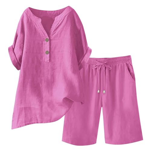 Zweiteiler Damen Sommer Musselin Bluse Und Shorts Langarm Freizeitanzug Baumwolle Leinen Y2K Sportanzug Summer Musselin Bluse Set Outfit Leinen Hemd Shorts Einfarbig Lounge Set Strand Y2K Clothes von Generic