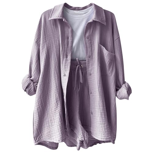 Zweiteiler Damen Sommer Musselin Outfit Musselin Bluse und Shorts 2 Teiler Kleidung Elegant Strand Urlaub Lounge Damen Set Bluse und Shorts Two Piece Set Women Outfit (01 Violett, M) von Generic