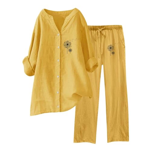 Zweiteiler Damen Sommer Outfits Baumwolle Und Leinen Bluse Lange Hose Einfarbig Große Größen Leinen Set 2 Teiler Damen Sommer Lang Hosenanzug Leicht Und Luftig Hausanzug von Generic