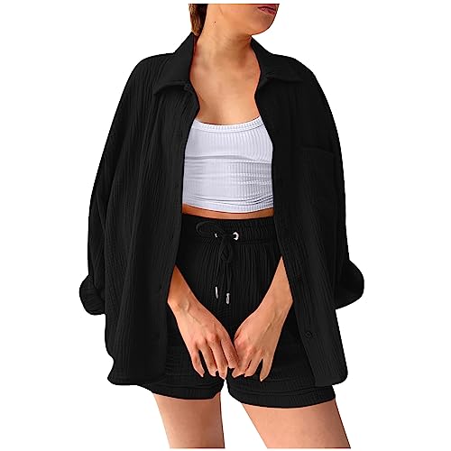 Zweiteiler Damen Sommer Plissee Set Elegant Hosenanzug Freizeitanzug Einfarbig Bluse High Waist Shorts Casual Loungewear Y2K Streetwear von Generic