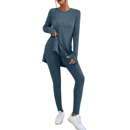 Zweiteiler Damen Strick 2 Piece Knitted Suit Long Sleeved Ribbed Knitted Jumper and Leggings Set Slim Fit Leisure Outfit Rundhals Strickanzug Outdoor Jogginganzug Herbst Winter Strick Hausanzug von Generic