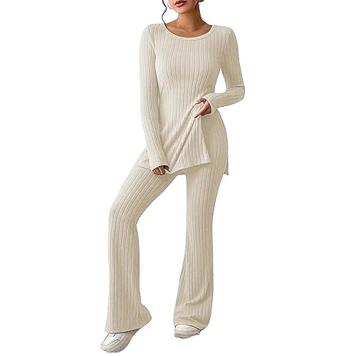 Zweiteiler Damen Strickanzug Langarm Gerippt Strickpullover + Lange Schlaghose Sportanzug Lounge Set Freizeit Outfit Casual von Generic
