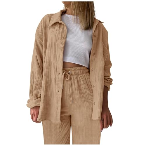 Zweiteiler Elegant Y2K Damen Elegant Musselin Bluse Und Hosen Herbst Aesthetic Lounge Set Baumwolle Sportanzug Oversize Freizeitanzug Langarm Hausanzug Outfit,Beige,L von Generic