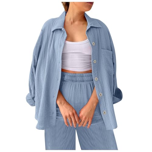 Zweiteiler Elegant Y2K Damen Elegant Musselin Bluse Und Shorts Aesthetic Lounge Set Baumwolle Sportanzug Oversize Freizeitanzug Langarm Hausanzug Outfit,Blau,XL von Generic