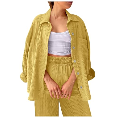 Zweiteiler Elegant Y2K Damen Elegant Musselin Bluse Und Shorts Aesthetic Lounge Set Baumwolle Sportanzug Oversize Freizeitanzug Langarm Hausanzug Outfit,Gelb,S von Generic