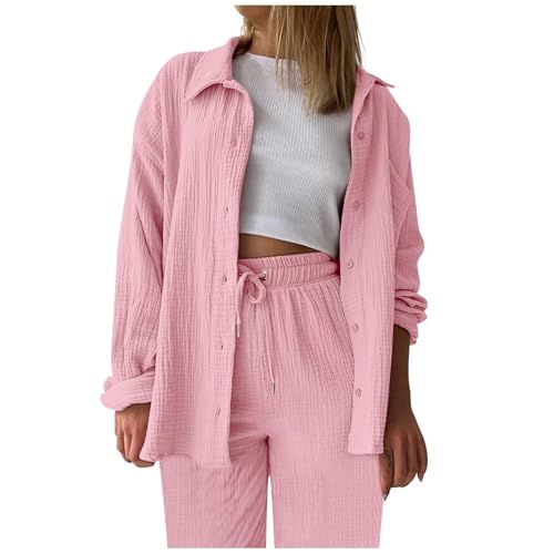 Zweiteiler Elegant Y2K Damen Elegant Musselin Bluse Und Shorts Aesthetic Lounge Set Baumwolle Sportanzug Oversize Freizeitanzug Langarm Hausanzug Outfit,Pink,S von Generic