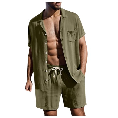Zweiteiler Herren Leinenanzug Sommer Freizeitanzug Einfarbig 2-teilig Kurzarm Button-Up Revers Hemd und Shorts Beach Shirt Kurze Hose Set Baumwolle Leinen Anzug für Urlaub Strand Alltag von Generic