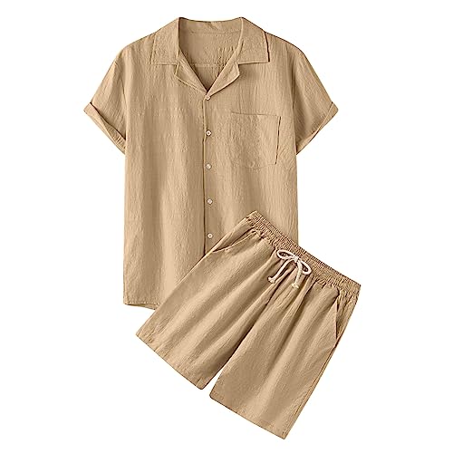 Zweiteiler Herren Leinenanzug Sommer Freizeitanzug Einfarbig 2-teilig Kurzarm Button-Up Revers Hemd und Shorts Beach Shirt Kurze Hose Set Baumwolle Leinen Anzug für Urlaub Strand Alltag von Generic