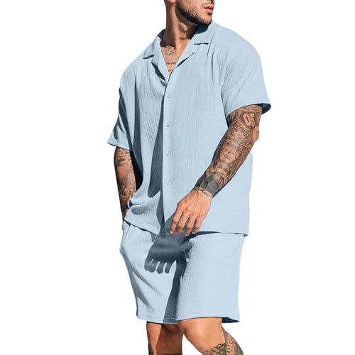 Zweiteiler Herren Leinenanzug Sommer Freizeitanzug Einfarbig 2-teilig Kurzarm Button-Up Revers Hemd und Shorts Beach Shirt Kurze Hose Set Baumwolle Leinen Anzug für Urlaub Strand Alltag von Generic