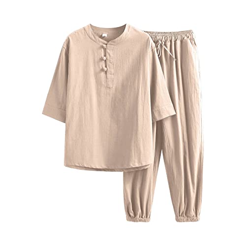 Zweiteiler Herren Leinenanzug Sommer Sport Freizeitanzug Kurzarm Leinen Shirts Weite Hosenbeine Sets Suits Entspannt Shirt Top Lange Hosen Leinen Anzug für Männer Khaki M Zweiteiler Herren Leinenanzug Sommer Sport Freizeitanzug Kurzarm Leinen Shirts Weite Hosenbeine Sets Suits Entspannt Shirt Top Lange Hosen Leinen Anzug für Männer Khaki M von Generic