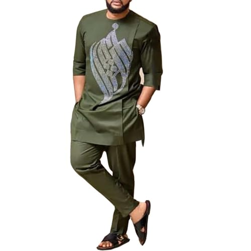 Zweiteiliges Set Afrikanisches Dashiki-Outfit für Herren Oberteil und Hose Lange Ärmel T-Shirt Traditionelles Outfit-Set Kleidung (Color : Green, Size : XL) von Generic