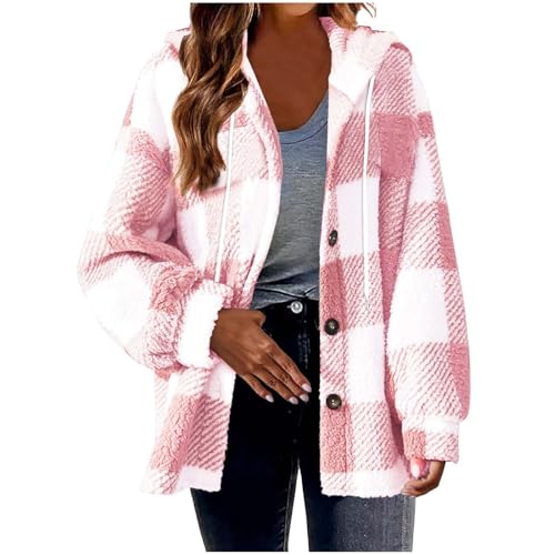black friday angebote 2024 Fleecejacke Damen Karierte Kapuzenjacke Teddyfleece Winterjacke Winter Teddyjacke Kapuze Einreihiges Mantel Warm Plüschjacke Große Größen Hoodie Jacke Teddy Übergangsjacke von Generic