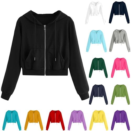 black friday angebote 2024 Kapuzenjacke Damen Einfarbig Kurz Sweatjacke mit Kapuze Reißverschluss Jacke Winter Mantel für Frauen Leichte Übergangsjacke Taschen Sweatshirt Lockere Kapuzenupllover von Generic