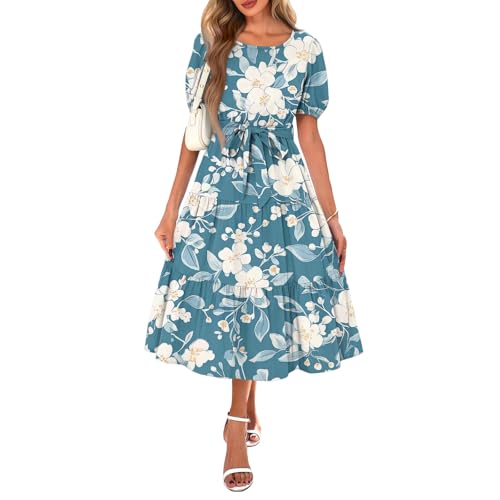 blusenkleid Damen Sommerkleid Damen Rundhals Puff Ärmel Stufenkleid Boho Blumenkleid Elegant Swing Tunika Kleid mit Taschen Leicht und Luftig Freizeitkleid mit Schnürung B Sky Blue XL von Generic