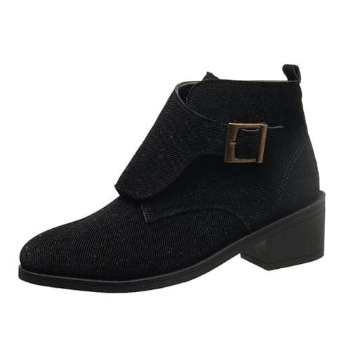 , britisches Canvas, Gürtelschnalle, spitzer, dicker Absatz, kurze Stiefeletten (Black, 38) von Generic