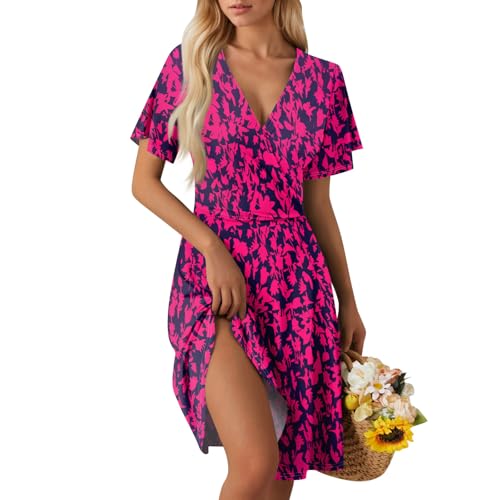 cocktailkleid blau Sommerkleid Damen V Ausschnitt Kurzarm Strandkleid Knielang Blumen A-Linie Kleid Loose Swing Freizeitkleid Summer Dress Tshirt Kleider Leicht und Luftig A Hot Pink L von Generic