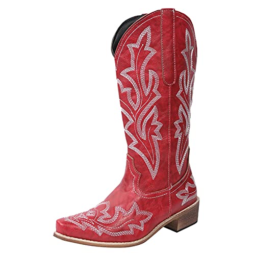 cowboystiefel damen sommer - western stiefeletten für damen - bikerboots Stickereien reitstiefel pu-leder chelseaboots rutschfeste reitstiefel blockabsatz damenstiefel frauen Schlupfstiefel von Generic