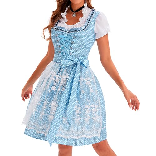 dindelbkleid Damen Dirndl Frauen Trachten Midi Dirndlkleid Tachtenkleid Dirndelkleider für Oktoberfest mit Spitzenschürze Outfit Light Blue 3XL von Generic