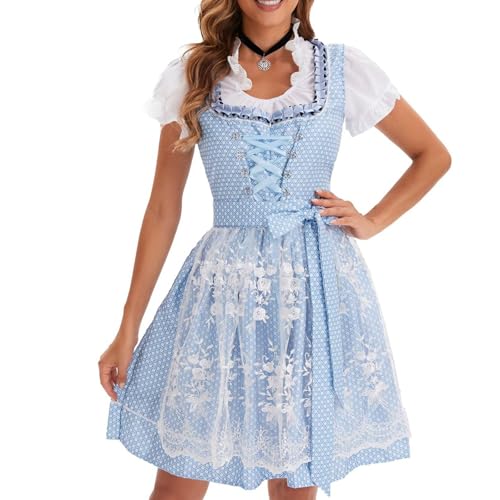 Dirndl Damen midi lang Trachtenkleid Frauen midi Dirndlkleid Trachtenrock Dirndl-Komplettsets Trachtenmode Trachten Frauen mit 3 Teilig Dirndl Schürze Dirndlbluse Oktoberfest Dresses Blue L von Generic