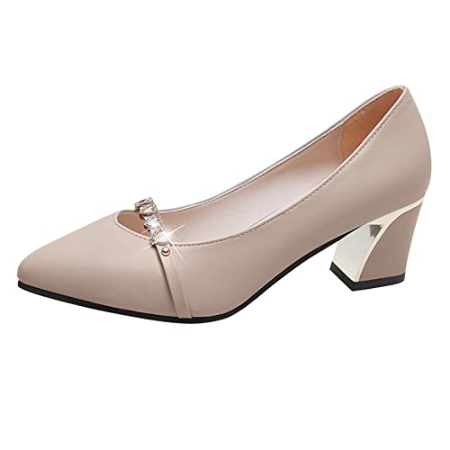einfarbige Lederoberfläche Strass dekorative Lederschuhe Dicke High Heel Freizeitschuhe Festliche Schuhe Damen Mit Absatz (Beige, 41) von Generic