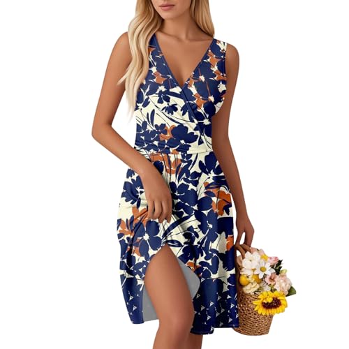 etuikleid Damen elegant V-Ausschnitt Kleid Ärmellose Casual Kleider Sommerkleid Floral Party Kleid A-Linie Hohe Taille Strandkleider Leicht und Luftig Minikleid für Urlaub A Dark Blue S von Generic
