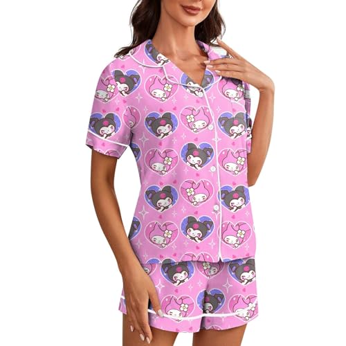 𝒉𝒆𝒍𝒍𝒐 𝒌𝒊𝒕𝒕𝒚𝒔 Schlafanzug Damen Kurz Set Baumwolle Shorty Kawaii Pyjama Zweiteiler Damen Sommer Seide Kariert Sexy Hausanzug Bequeme Anime Weich Schlafshorts Pijamas Helles Lila S von Generic