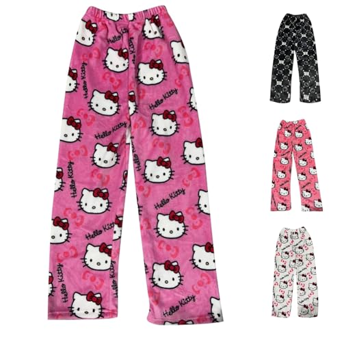 𝒉𝒆𝒍𝒍𝒐 𝒌𝒊𝒕𝒕𝒚𝒔 Schlafanzughose Damen Lang Hosen Flanell Pyjama Schlafanzug Kawaii Warm Baumwolle Pyjama Schlafhose Bequeme Anime Winter Kuschelhose Geschenke Für Frauen(Rosa XXL) M-XXL von Generic