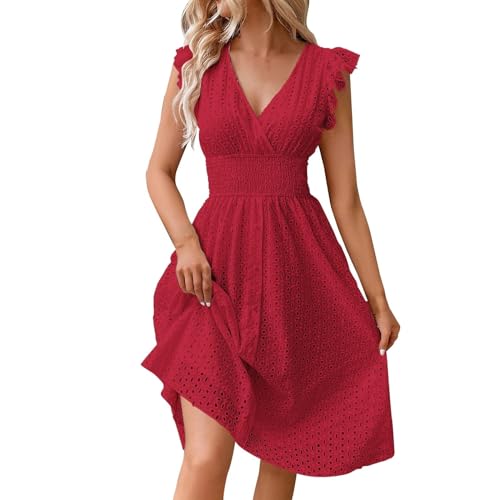 hemdblusenkleid Kleid Langarm Damen chiffonkleid Einfarbig Spitze Hohl V-Ausschnitt Rüschen Kurze Ärmel Mini(Verrotten, L) von Generic