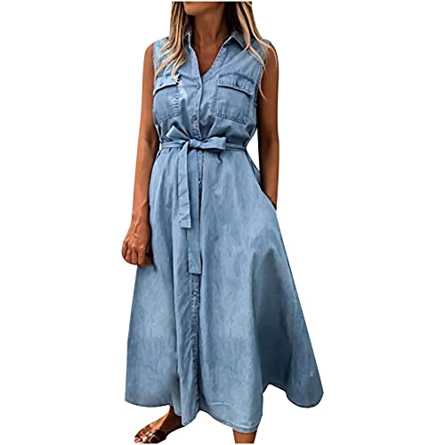 jeanskleid Damen Strandkleid Damen elegant Boho Sommerkleid sexy Hippie Gothic Lässige, Feste, ärmellose Frenulum-Denimjacke, Jean, Lange Kleider Ärmellos Crew Neck Schößchen Passform und Lichtreflex von Generic