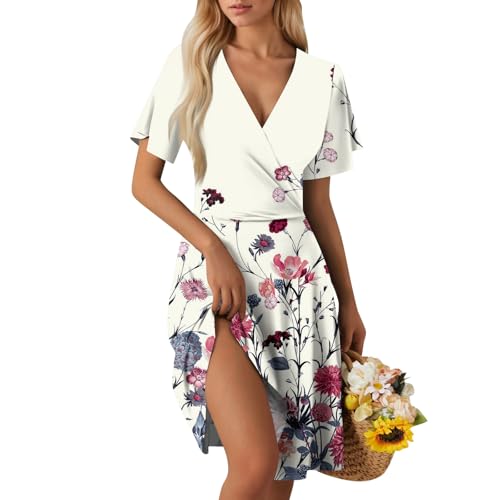 jeanskleid Sommerkleid Damen V Ausschnitt Kurzarm Strandkleid Knielang Blumen A-Linie Kleid Loose Swing Freizeitkleid Summer Dress Tshirt Kleider Leicht und Luftig B Beige XXL von Generic