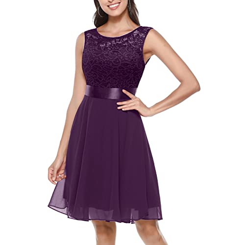 kleid Damen Abendkleider Elegant für Hochzeit Kleid Hochzeitsgast Spitze Ärmellos Spitzenkleid damenkleider elegant festlich hochzeit lang Sommerkleid Damen Elegant kleid (Lila, XL) von Generic