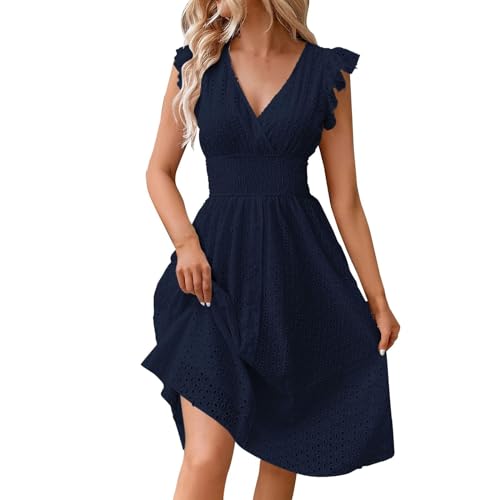 langes Sommerkleid Damen Kleider ballkleid kurz Einfarbig Spitze Hohl V-Ausschnitt Rüschen Kurze Ärmel Mini Kleid Swing(Marine, M) von Generic