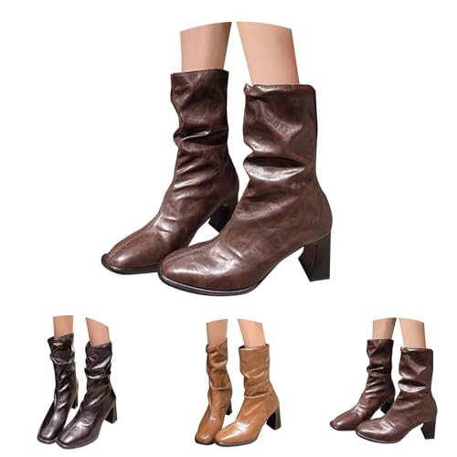 leder stiefeletten damen mit absatz - hohe schuhe damen elegant - Schlupfstiefel mit reißverschluss blockabsatz high heels Halbschaft lederstiefel quadratischer Zehenbereich Winterstiefel von Generic