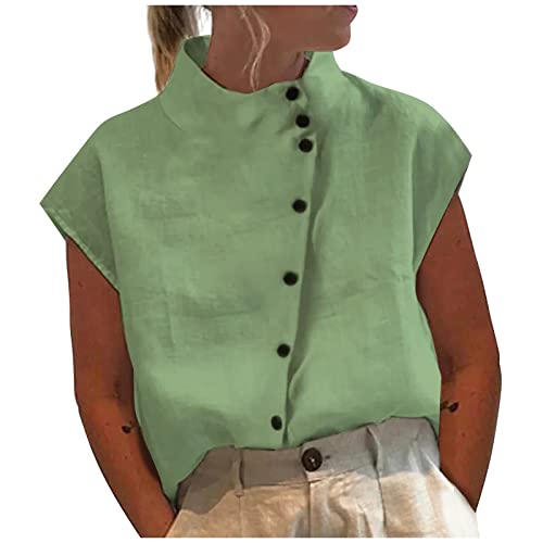 leinen Longbluse musselin Bluse Damen weiß Hemden Einfarbig Baumwoll Stehkragen Kurzarm Button Down Tunika Oberteil Sommer damenblusen(Grün, XXL) von Generic