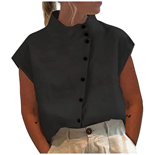 leinen Oberteil Damen Shirtbluse hemdjacke Einfarbig Baumwoll Stehkragen Kurzarm Button Down Musselin Tunika blusenshirt Longbluse(Schwarz, L) von Generic