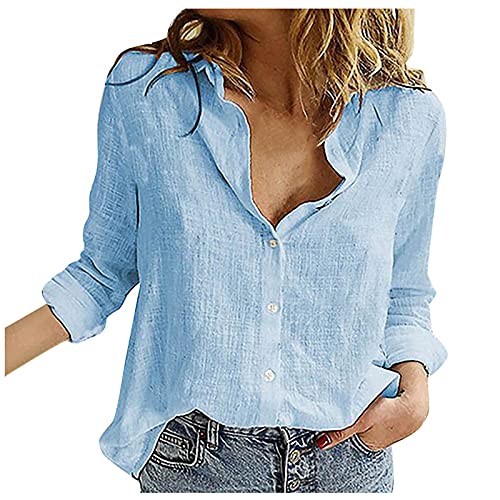 leinenbluse Damen Sommer Bluse Hemd Einfarbig Baumwoll Leinen Revers Langarm Musselin Oberteile Tunika Oberteil(Blau, XXL) von Generic