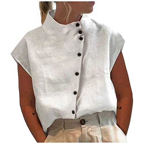 leinenbluse Damen Sommer Bluse Hemd Einfarbig Baumwoll Leinen Stehkragen Kurzarm Button Down Musselin Tunika stilloberteile(Weiß, L) von Generic