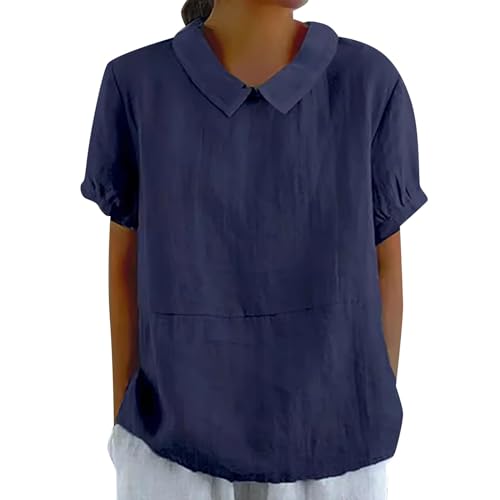 leinenbluse Damen Sommer Kurzarm leinenhemd lang Bluse Langarm Einfarbig Baumwoll Leinen Revers Musselin Tunika hemdbluse Weiss netzoberteil(Dunkelblau, L) von Generic