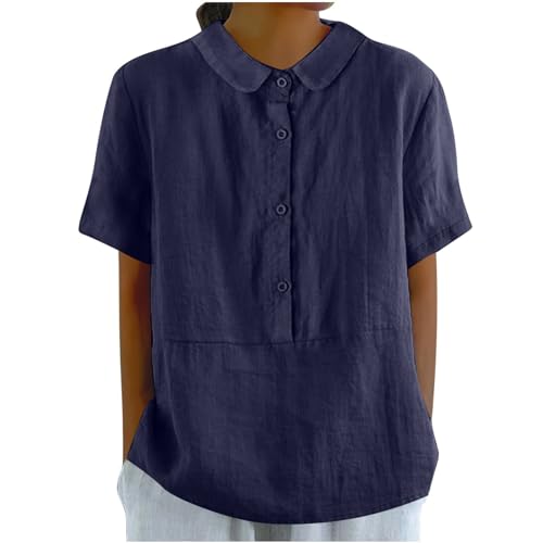 leinenbluse schwarz Longbluse Damen große größen Bluse Langarm Einfarbig Baumwoll Leinen Revers Kurzarm Musselin Tunika Sommer blusen leicht strandtunika(Lila, XL) von Generic