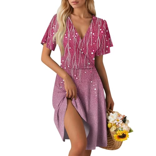leinenkleider Damen Sommer Sommerkleid Damen Knielang Kleid Sommer Blumenmuster Elegant Cocktailkleid Blumen Shirtkleid Casual Lässiges Strandkleid Tunikakleid Midi Summer Dress C Pink M von Generic